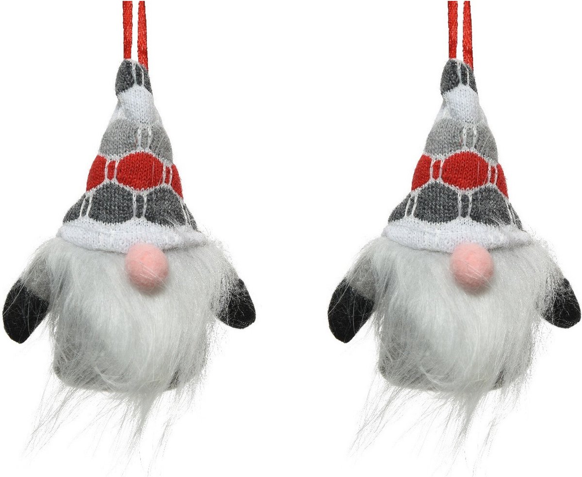 Decoris 2x stuks kersthangers figuurtjes kerst gnome/kabouter/dwerg grijs 12 cm kerstboomversiering - kerstversiering kerstornamenten Rood