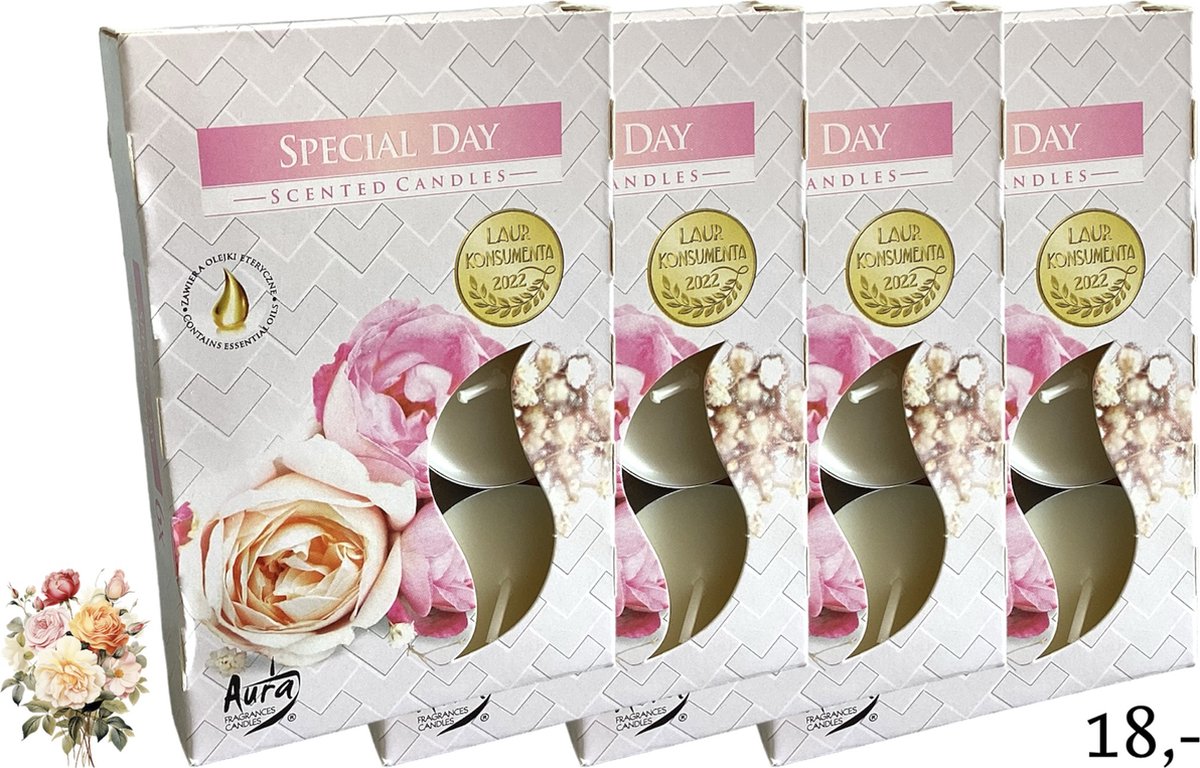 Waxinelichtjes - 'Special Day' - Theelichtjes - Geurwaxinelichtjes - Geurtheelichtjes - Geurend - Roos - Rozen - Rozengeur - Bloemen - Bloemengeur - Tuin - 4 Branduren - Geel - Lichtgeel - Romantisch - Liefde - Geschenk - Cadeautje - Kado
