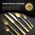 Gouden bestekset van roestvrij staal: vorken, messen, lepels. "Duist Roestvrij Staal" en "Pro tip voor het behoud van het gouden bestek raden wij aan deze met de hand af te wassen".