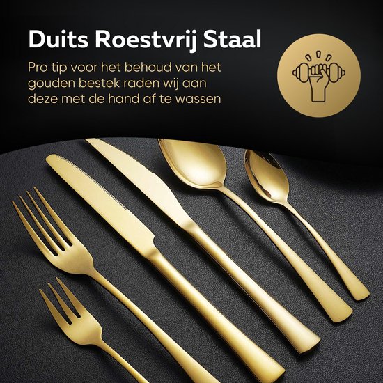 Gouden bestekset van roestvrij staal: vorken, messen, lepels. "Duist Roestvrij Staal" en "Pro tip voor het behoud van het gouden bestek raden wij aan deze met de hand af te wassen".