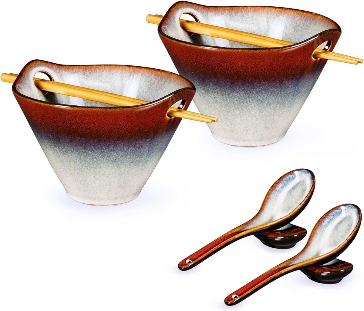 Ramen Bowl Keramische Kom Set 600 ml Noedels Soepkommen Eetstokjes Lepels Japans Servies Aziatische Levensmiddelen Pasta Gradient Rood
