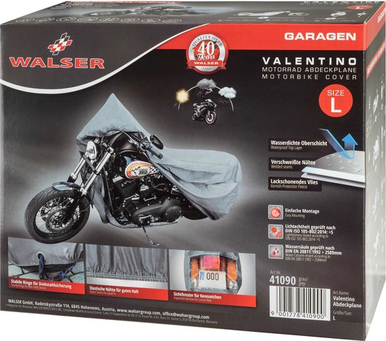 Motorhoes 'Valentino' maat L, grijs, voor motorfietsen. Met tekst 'GARAGEN' en 'MOTORRAD ABDECKPLANE'.