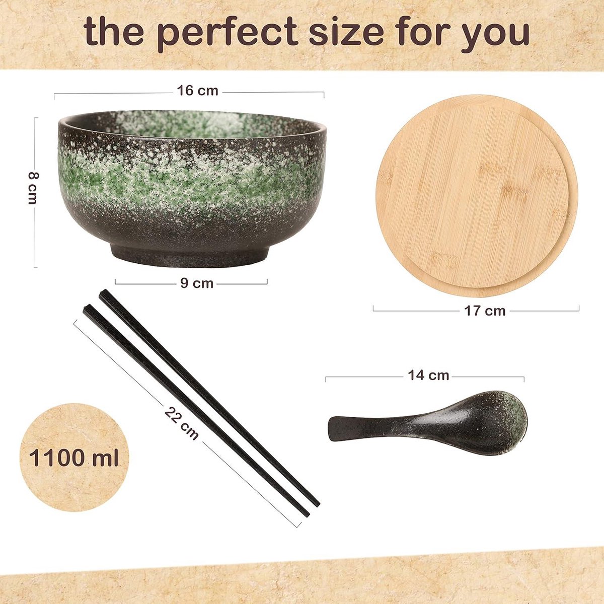 Ramen Schaal Accessoires set van 4 Ramen Lepels Porselein, 4 Paar Eetstokjes Bamboe, 4 Dipschalen Porselein, Eetstokjeshouder, Lepelhouder voor Ramen Bowl, Aziatische Soepkommen, Bowl Schaal