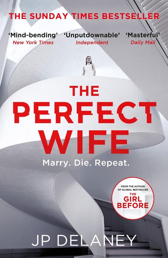 Couverture du livre 'The Perfect Wife' avec une femme en robe blanche sur un escalier blanc. Titre en lettres rouges.