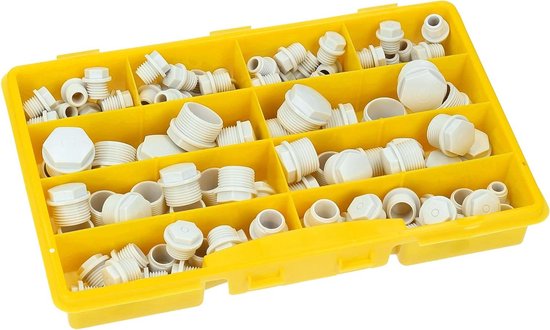 220 stuks Kalitec assortimentsdoos, blinde stoppen zwart, M12-M50, kruknippel zwart, afdichtstoppen assortiment, stoppen met schroefdraad, zeskantige stop, kunststof, worststoppen
