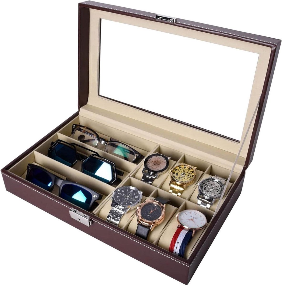 Lederen opbergdoos voor 6 horloges en 3 brillen - sieraden vitrine organizer voor heren en vrouwen - bruin met glazen top