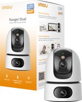 Verpakking en witte Imou Ranger Dual beveiligingscamera. Opschriften 'Imou Ranger Dual' en 'Indoor Smart Security Camera'.