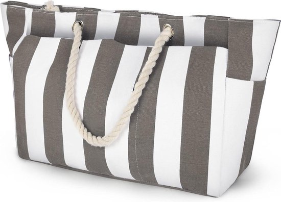 Sac de plage zippé XXL Family - Grand cabas pour homme - Sac de plage zippé simple à rayures bleues et blanches XL