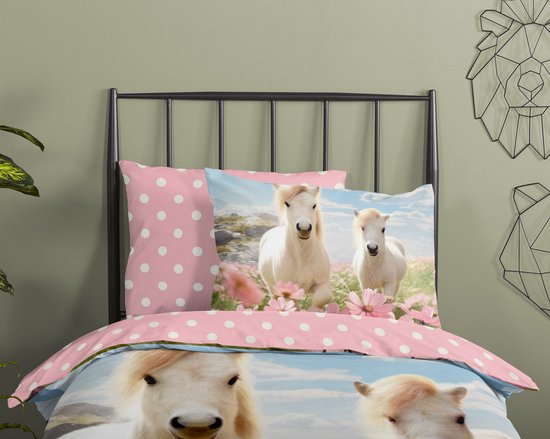 Good Morning dekbedovertrek witte paarden met bloemen - 1 persoons 140x200/220 cm - Roze - 100% Katoen renforce van Merkloos — afbeelding 2