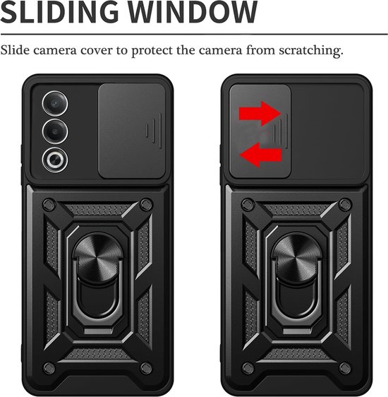 Zwarte telefoonhoes met schuifbare cameraprotectie en ringstandaard. "SLIDING WINDOW".