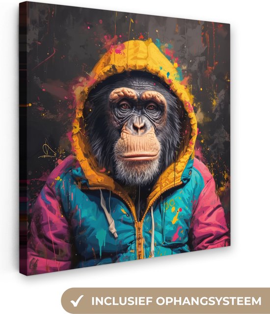 Canvas schilderij 20x20 cm - Wanddecoratie Graffiti - Chimpansee - Jas - Aap - Verf - Muurdecoratie woonkamer - Slaapkamer decoratie - Kamer accessoires - Schilderijen op canvas