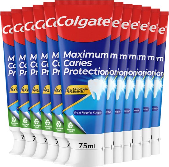 Rij van Colgate tandpastatubes, 'Maximum Caries Protection', met recyclinglogo.