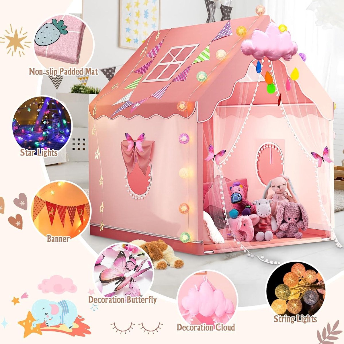 Kindertent Voor Binnen - Speeltent Met Mat, Verlichting En Vlagbanner Voor Kinderen Van 1 8 Jaar
