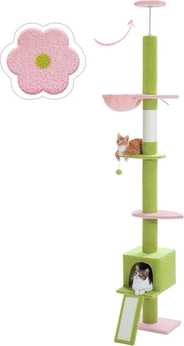 Goodivery ® Verstelbare Bloemen-Kratzboom met Hängematte en Kattenhöhle 216-273cm