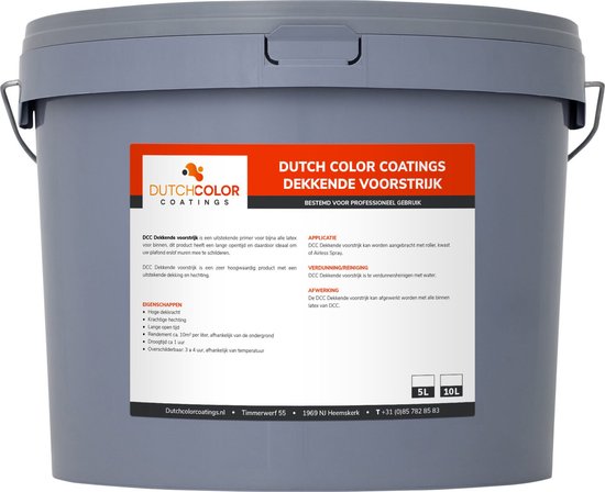 Grijze emmer Dutch Color Coatings Dekkende Voorstrijk met oranje, rood en witte logo en tekst op het etiket.