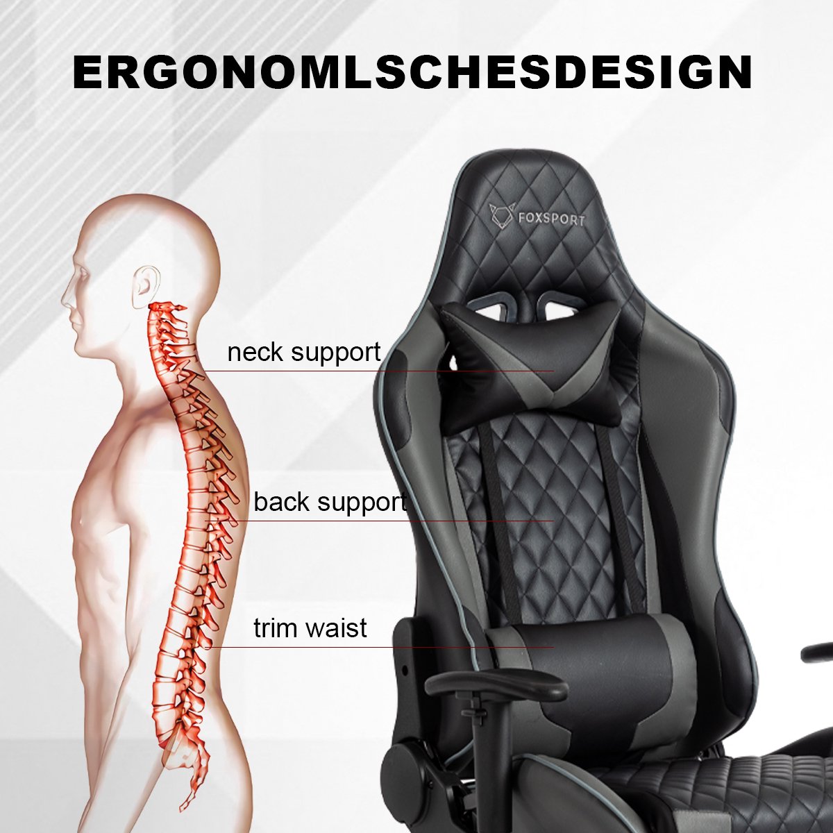Afbeelding 3 van FOXSPORT verstelbare gaming chair - PC-bureaustoel met voetsteun - hoogte en helling verstelbaar - met hoofdsteun en lendensteun - gamingstoel voor kantoor - Zwart en grijs