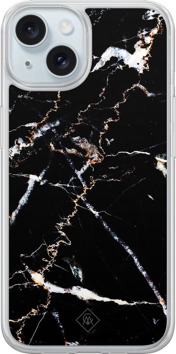 Casimoda® hoesje - Geschikt voor iPhone 14 - Marmer Zwart - 2-in-1 case - Schokbestendig - Marble design - Verhoogde randen - Zwart, Transparant