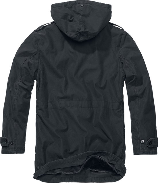 Zwarte parka met capuchon, lange mouwen en knopen.