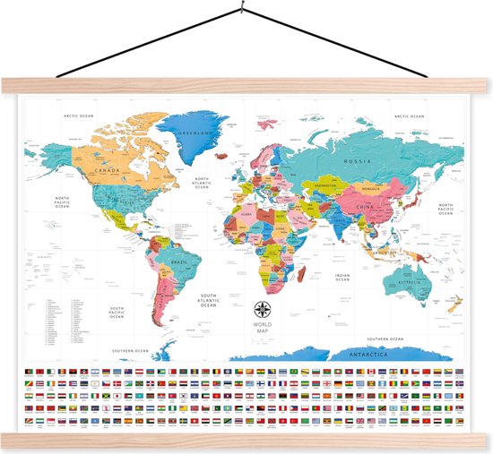 Affiche scolaire - Wereldkaart - Couleurs - Drapeau - 60x45 cm - Lattes vierges