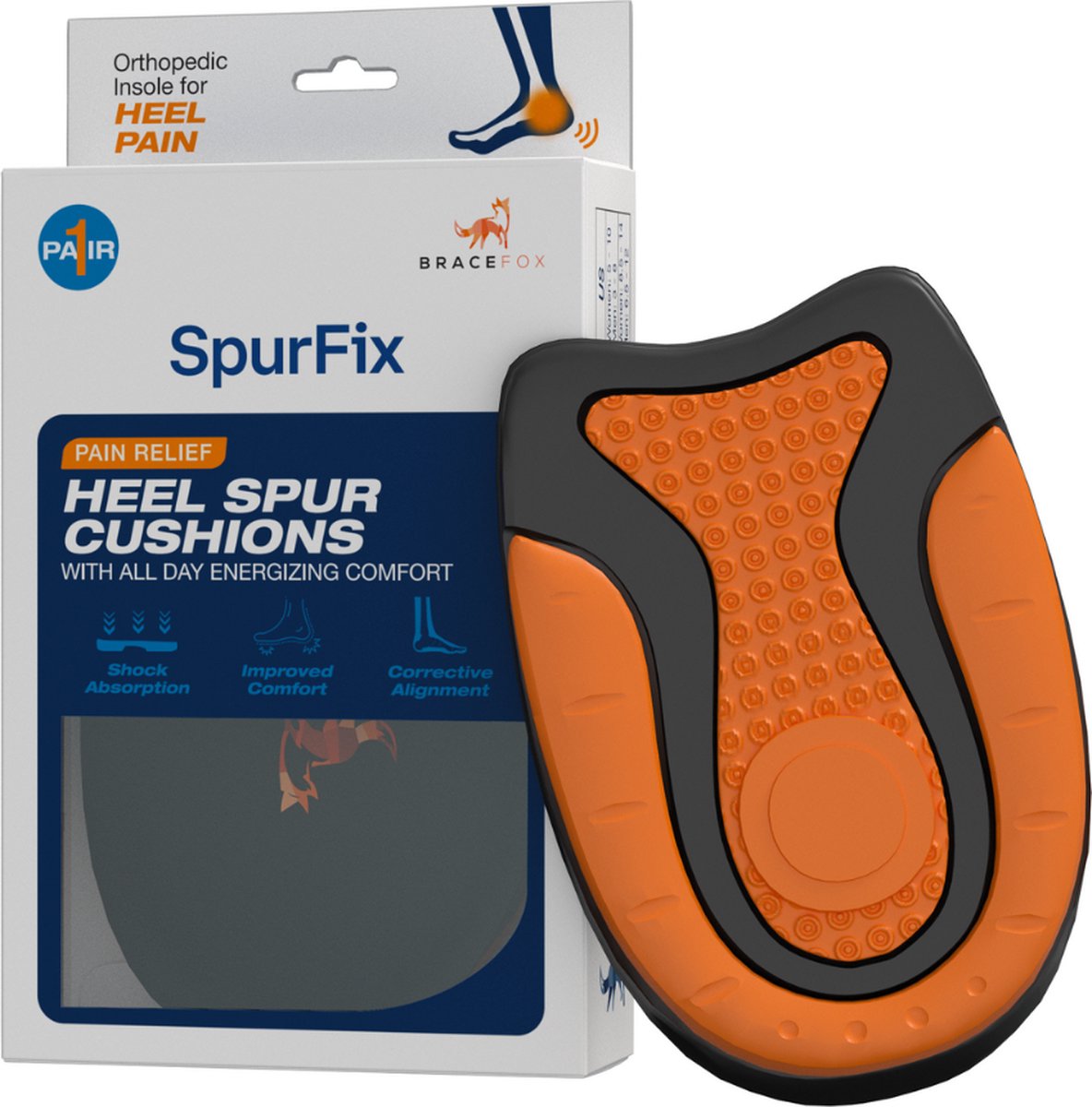 Bracefox® Hielspoor zooltjes ‘SpurFix’ | Hielspoor inlegzolen | Hakverhoger | Per Paar | Orthopedische Gel Hielkussens | Plantar Fasciitis | Gel zooltjes | Mannen & Vrouwen | Maat 35-40