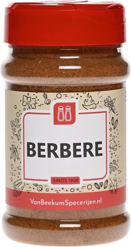 Pot d'épices Berbère. Bouchon rouge, avec étiquette et illustrations. Depuis 1908. VanBeekumSpecerijen.nl.