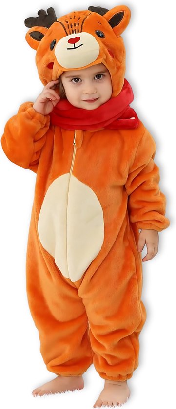 BoefieBoef Dieren Baby Onesie Peuter Pyjama Kinderen 6 maanden tot 2 jaar – Verkleedkleding met Luierrits – Carnaval Dierenpak - Kerst en Kraamcadeau Tip – Flanel - Romper - Boxpak - Jongens - Meisjes - Kruippak - Winterpak - Hert - Rendier - Bruin