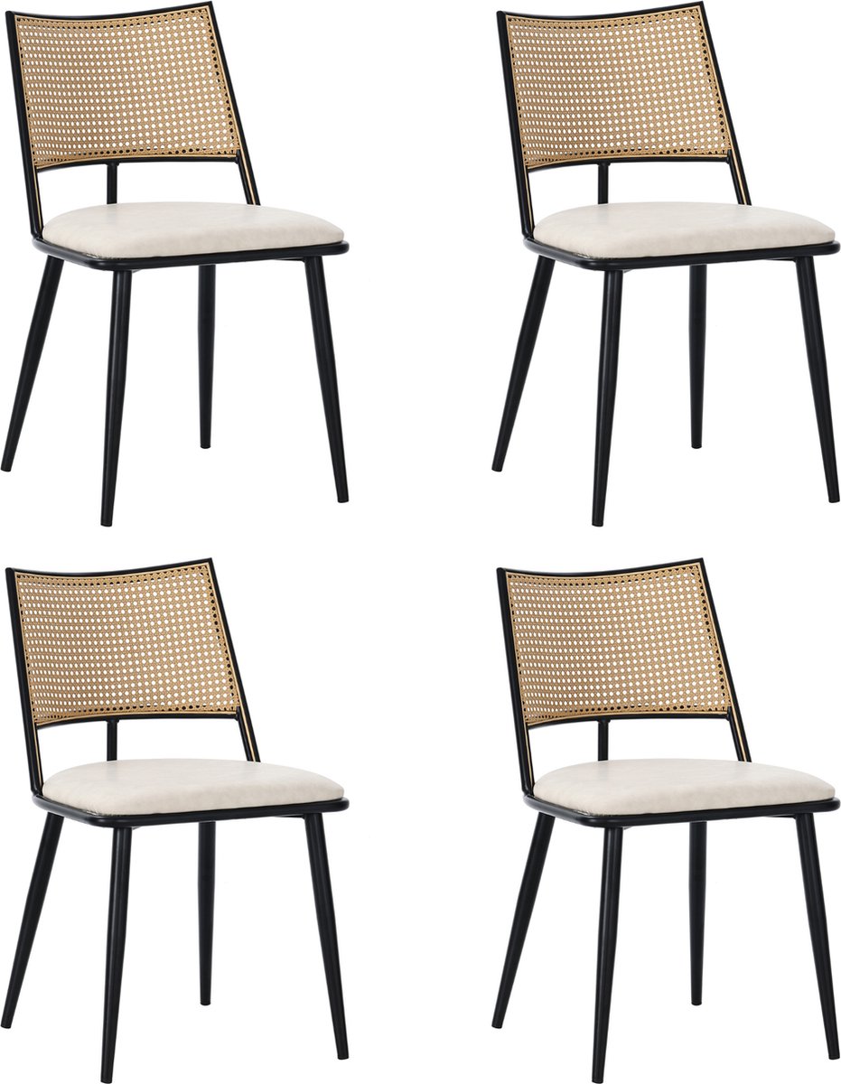 Merax Set van 4 Eetkamerstoelen - Rattan Stoelen met Kunstleer Zitting - Zwart