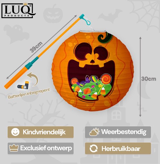 LUQ - Pompoen - Halloween - Lampion - Met Lichtje - Lampionstokje - Treklampion - Papier - Sint Maarten - Kind - 1 Stuk — afbeelding 2