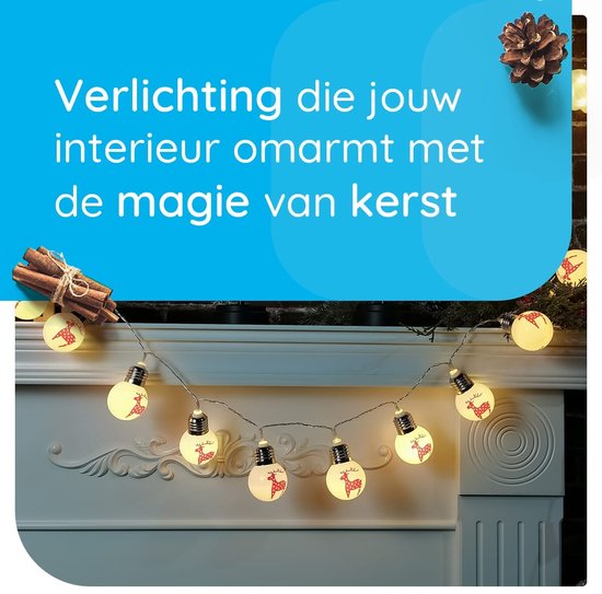 Modee Guirlande Lumineuse Boules de Noël avec Rennes 1,35 Mètre - Éclairage de Noël pour l'Intérieur - Comprenant 3 Piles AA - 10 Lumières LED IP20 - 2700K - Lumière Wit Chaud - 5 pièces