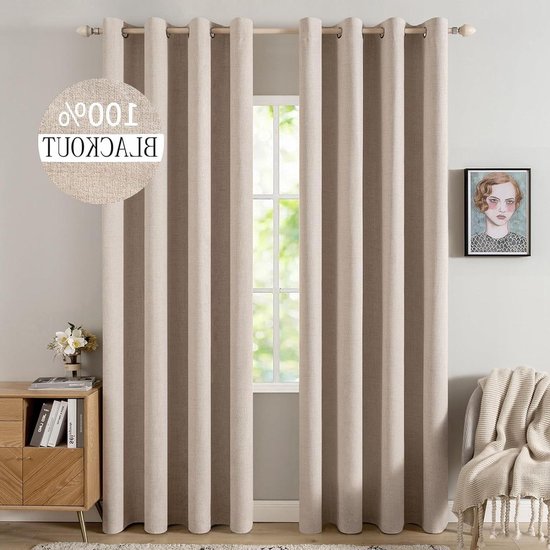 100% Verduisterende Gordijnen Linnen Off White 100 x 250 cm