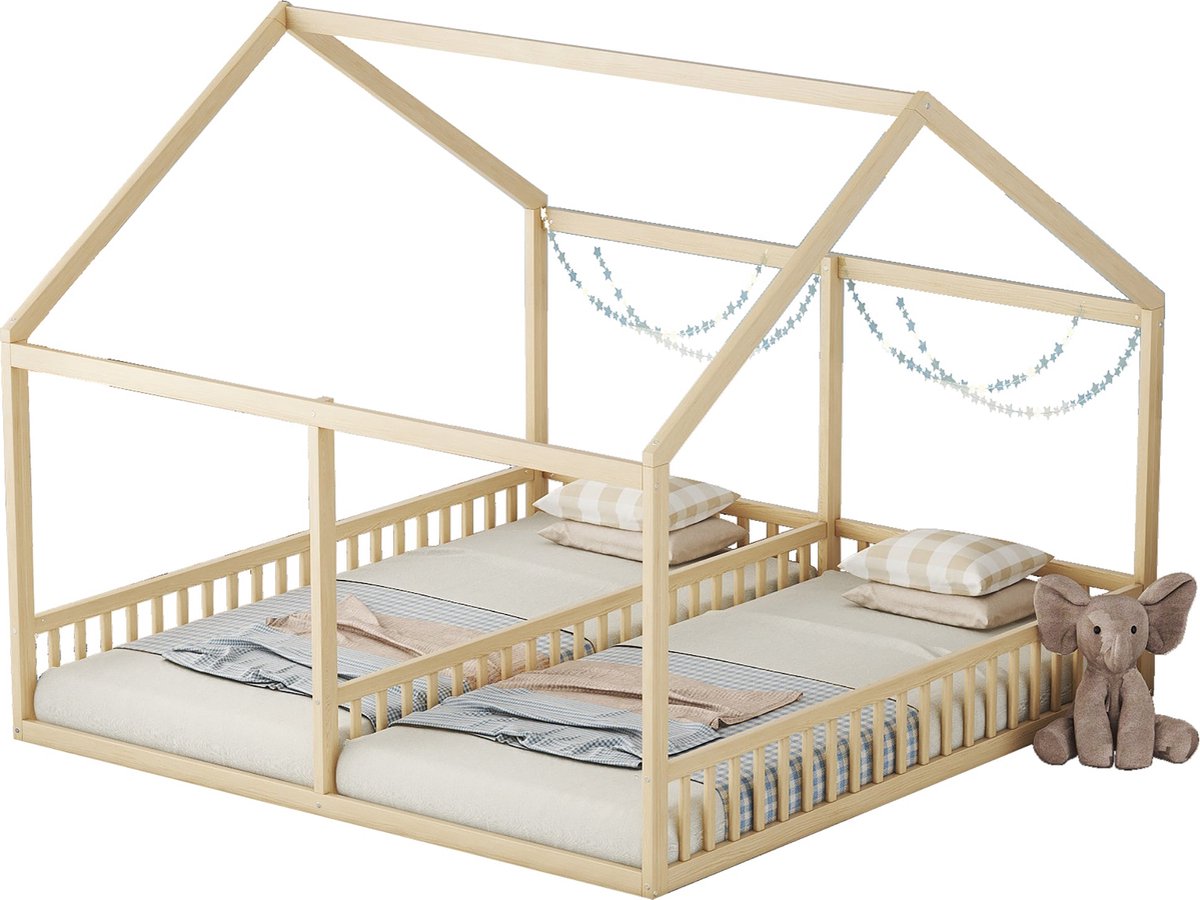 Merax Kinderbed voor 2 Personen - Twee keer 90x200 cm Bed - Huisbed met Dak - Naturel Hout Bruin