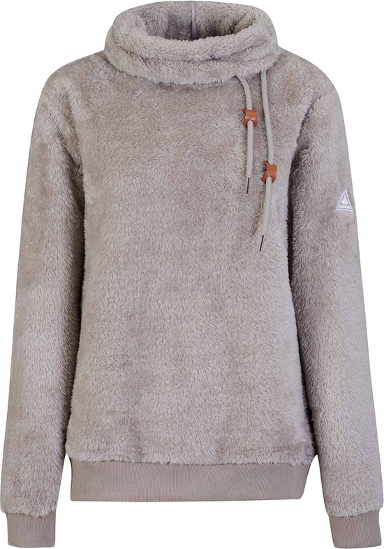 Beige fleece trui met hoge col en aantrekkoordjes met bruine details. Logo op de linkermouw.