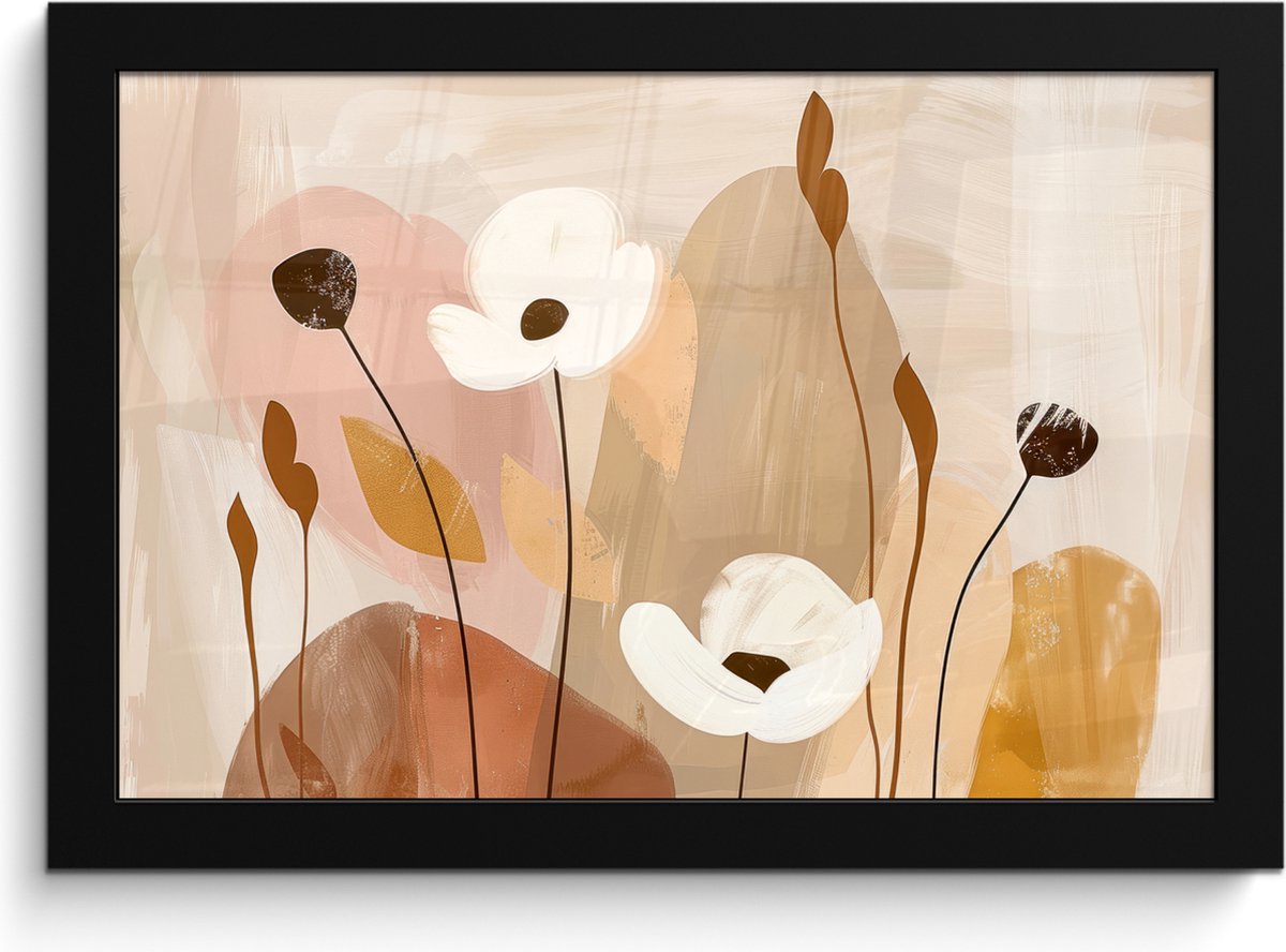 FrameYourWall Poster in lijst - Fotolijst 30x20 cm - Posters - Bloemen - Abstract - Beige - Line art - Posterlijst zwart - Decoratie - Wanddecoratie woonkamer - Muurdecoratie slaapkamer