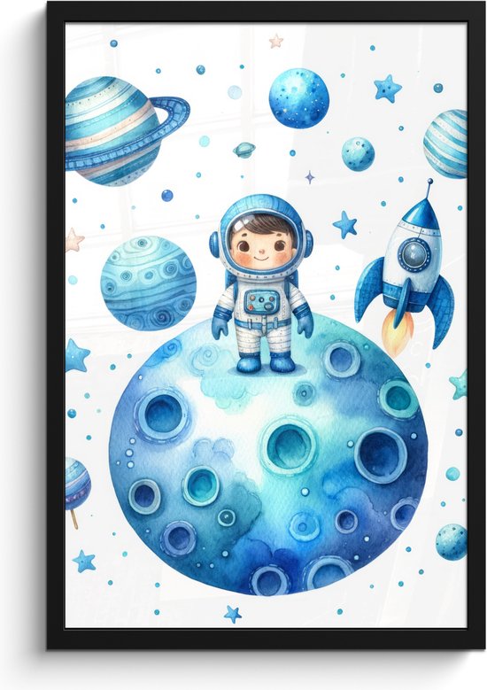Poster in lijst - Fotolijst 40x60 cm - Posters - Ruimte - Blauw - Astronaut - Sterren - Planeten - Posterlijst zwart - Kamer decoratie - Wanddecoratie kinderkamer - Muurdecoratie babykamer
