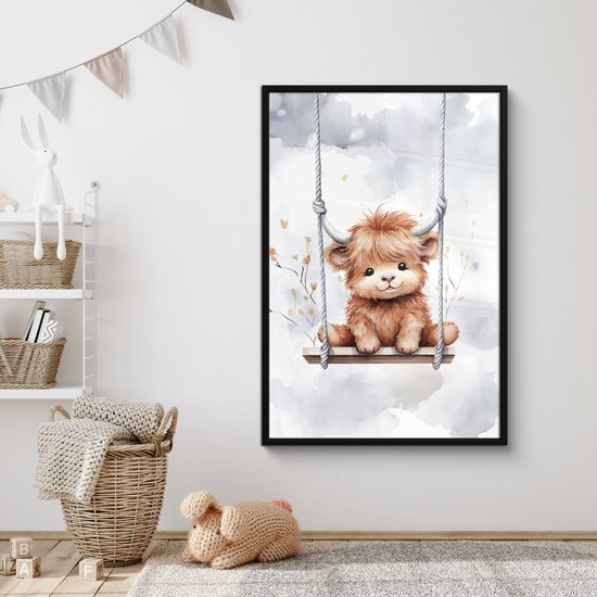 Poster in lijst - Fotolijst 80x120 cm - Posters - Schotse hooglander - Dier - Kinderen - Babykamer - Kinderkamer - Posterlijst zwart - Kamer decoratie - Wanddecoratie kinderkamer - Muurdecoratie babykamer