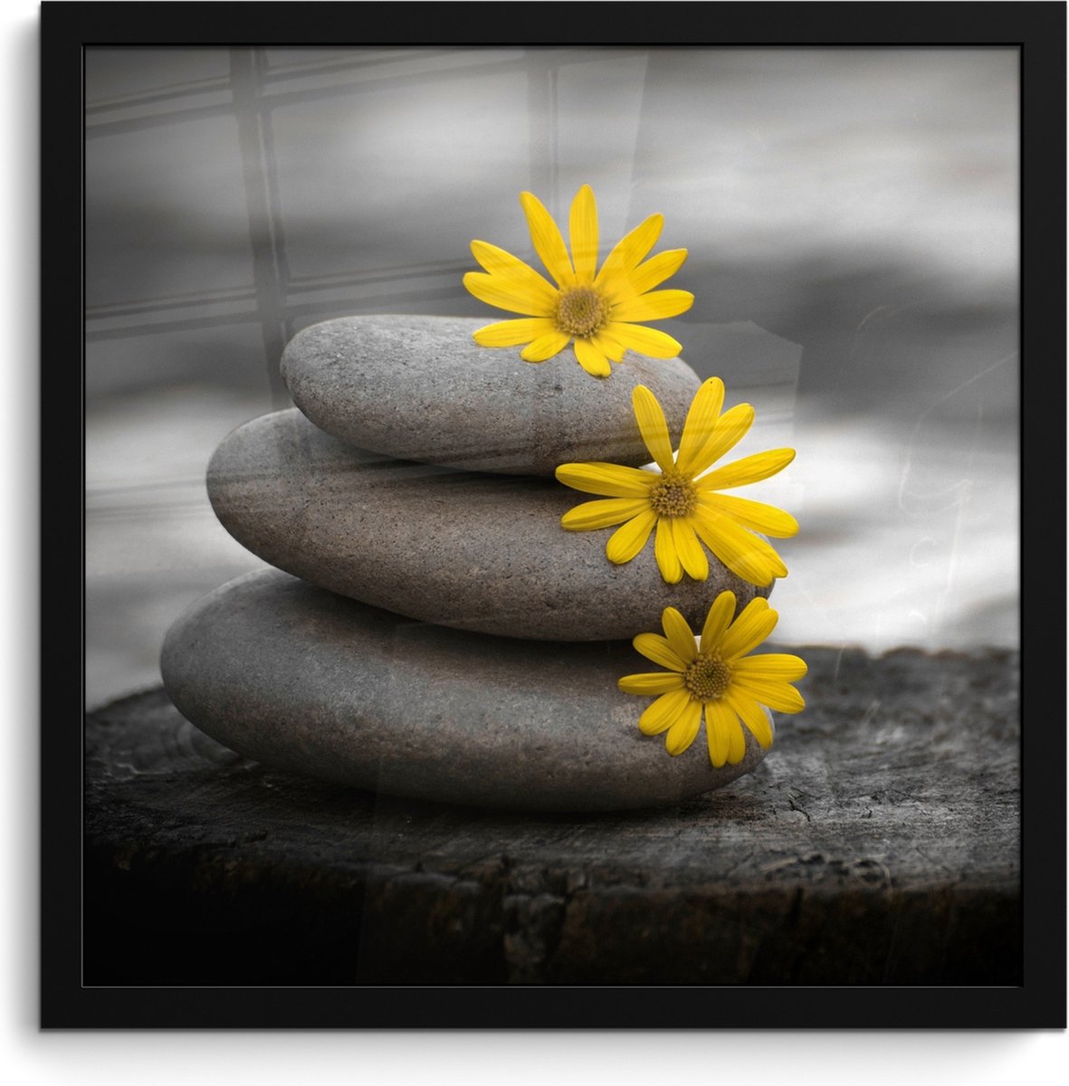FrameYourWall Poster in lijst - Fotolijst 40x40 cm - Posters - Zen stenen - Bloemen - Geel - Natuur - Posterlijst zwart - Wanddecoratie badkamer - Muurdecoratie WC - Decoratieve accessoires - Toilet muur decoratie Stenen - Grijs
