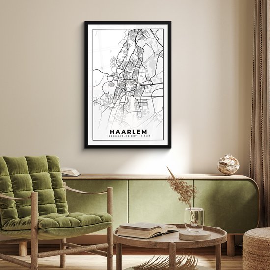 Affiche avec cadre Carte - Haarlem - Zwart - Wit - 60x90 cm