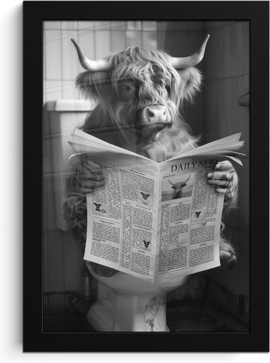 FrameYourWall Poster in lijst - Fotolijst 20x30 cm - Posters - Schotse hooglander - Koe - Krant - WC - Zwart wit - Posterlijst zwart - Wanddecoratie badkamer - Muurdecoratie WC - Decoratieve accessoires - Toilet muur decoratie Schotse hooglander - WC