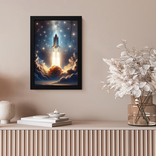 Affiche sous cadre - Cadre photo 20x30 cm - Posters - Voyage spatial - Fusée - Espace - Etoiles - Cadre affiche noir - Décoration murale pour chambre ado - Décoration chambre ado - Accessoires chambre ado jeunesse