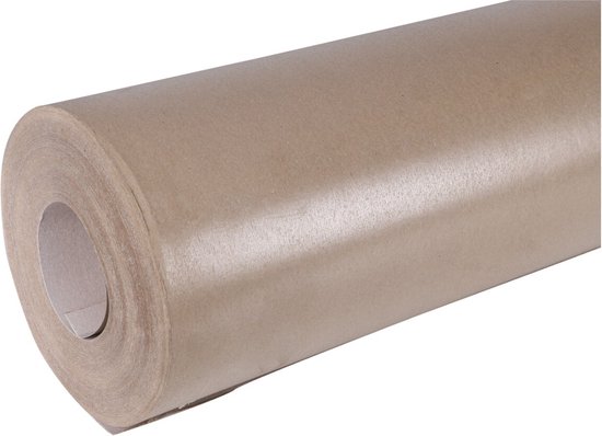 Rol stucloper in bruin kraftpapier met een open rol aan de linkerkant, op witte achtergrond.