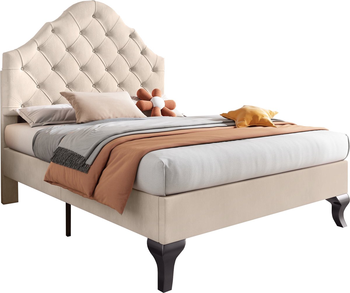Merax Gestoffeerd Bed 90x200 cm - Bed met Verstelbaar Hoofdeinde en Lattenbodem - Beige Fluweel - Eenvoudige Montage