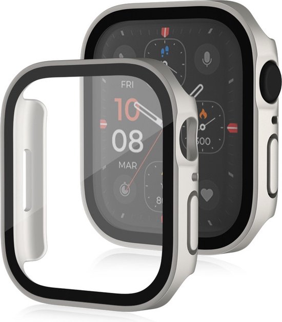 Zilverkleurige Apple Watch beschermhoes met zwart frame, passend over een horloge met digitale wijzerplaat.