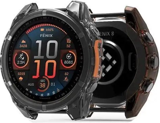 Zwarte TPU beschermhoes met oranje accenten, voor een Garmin Fenix 8 smartwatch. De achterkant van de watch is zichtbaar.