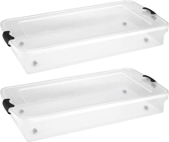 2friends Onderbed opbergdoos plat, 3-delige set onderbedcommodes, 32 liter met wieltjes, transparante bedlade, deksel, clipsluitingen, opslag