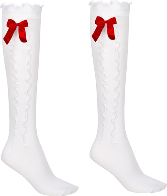 Haus Huberts Oktoberfest Kniekousen Dames - Wit Met Rode Strik - Tiroler Kousen - Oktoberfest Dames - Maat 35-38