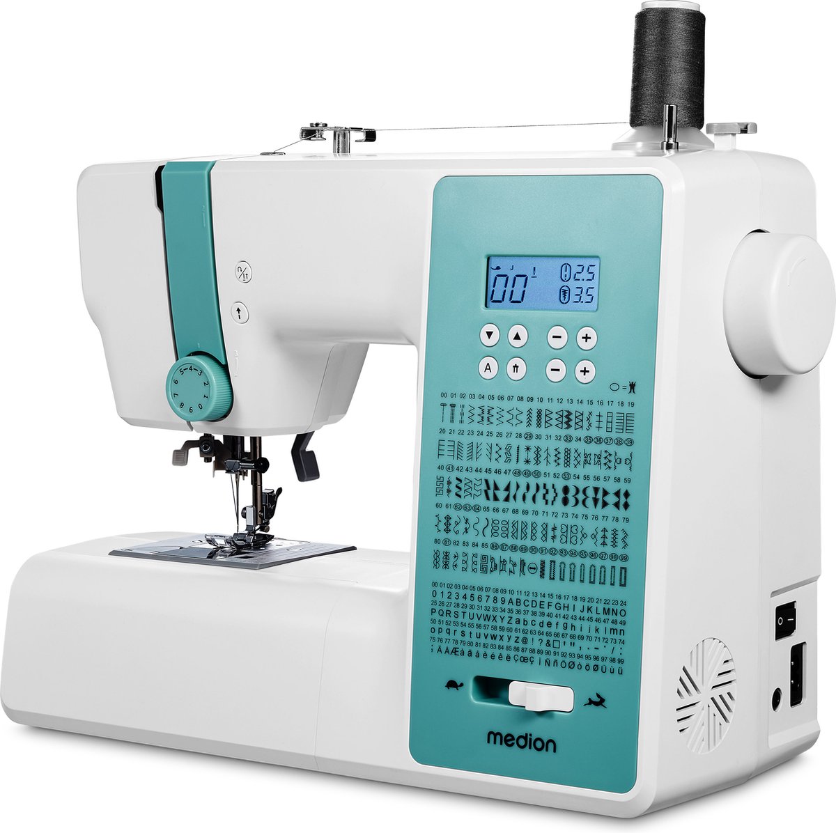 MEDION digitale naaimachine SD36 (36 watt, instelbare steeklengte en steekbreedte, 270 steekpatronen, led-naailampje, automatische draadinrijger, achteruitknop, draadafsnijder, MD11881) turquoise