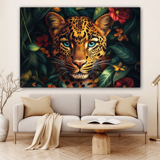 Canvas schilderij 180x120 cm - Wanddecoratie Luipaard - Natuur - Bloemen - Bladeren - Jungle - Muurdecoratie woonkamer - Slaapkamer decoratie - Kamer accessoires - Schilderijen