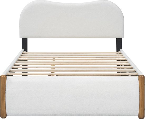 Lit rembourré Merax 140x200 cm avec lit à roulettes extractible - Design minimaliste - Wit - MDF et Tissus doux - Sommier à lattes inclus