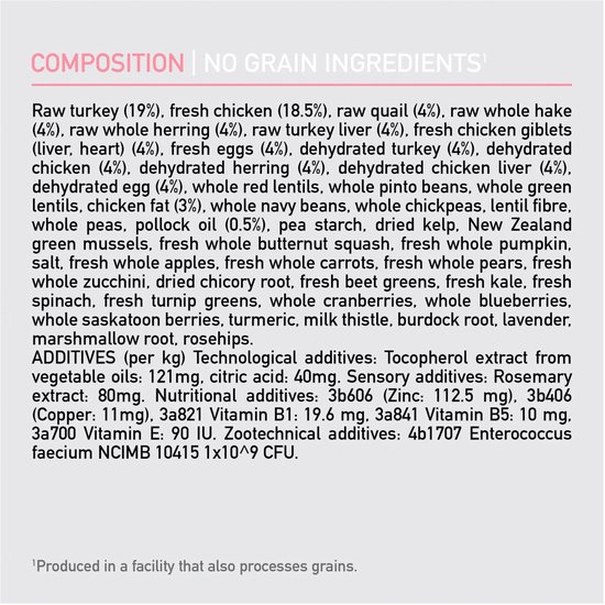 Lijst met ingrediënten voor Orijen hondenvoer, met kip, kalkoen, vis en andere natuurlijke ingrediënten.