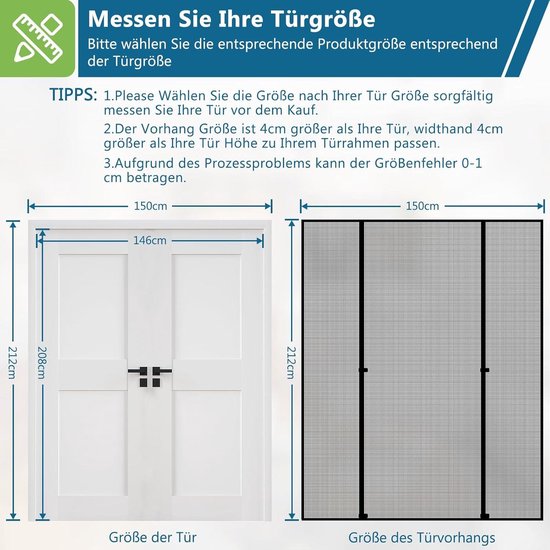 HooTown magnetische hordeur, 150 x 212cm vliegenhor dubbele deur vliegenhor balkondeur autosluiting insectenhor balkondeur vliegengordijn voor raam, balkondeur, kelderdeur en terrasdeur